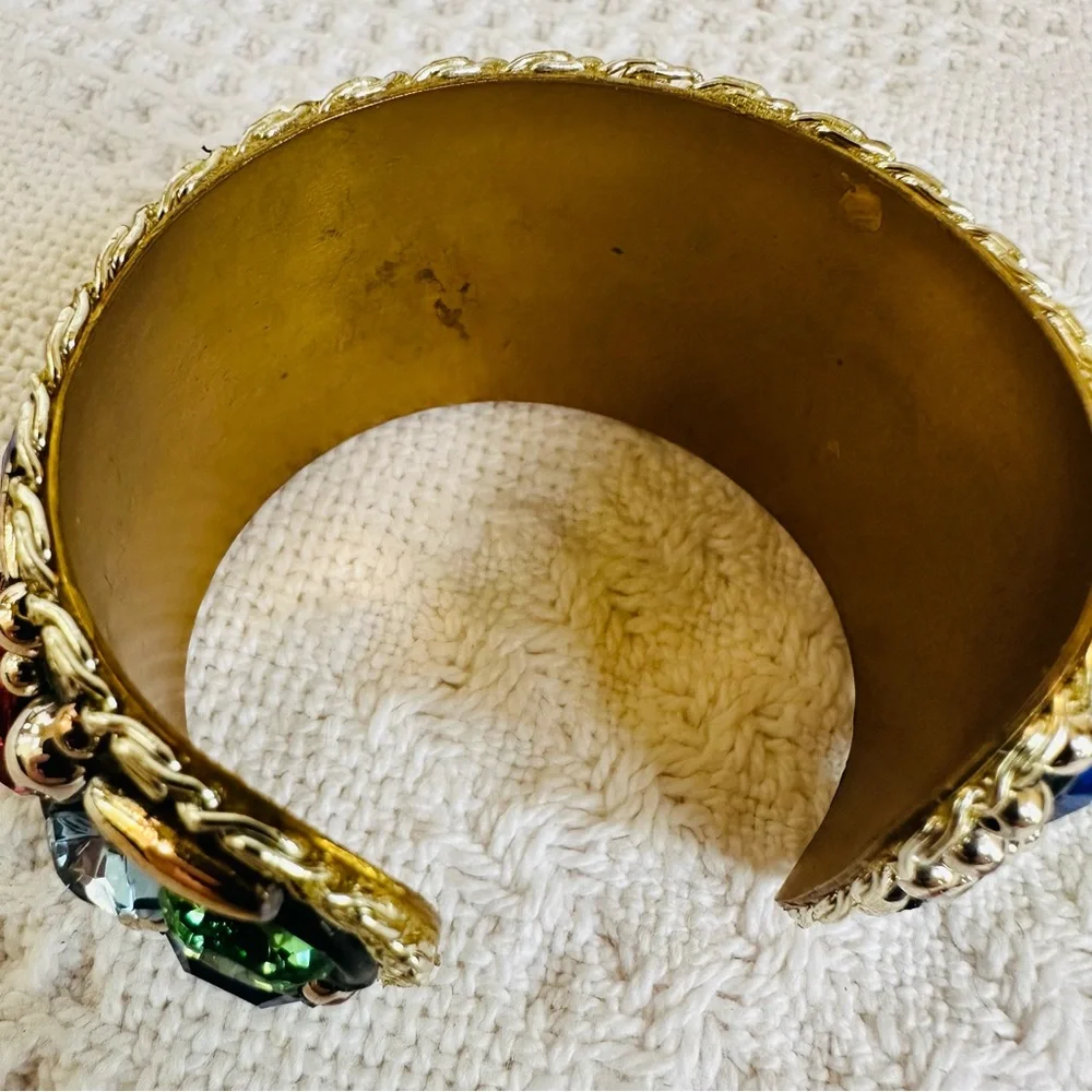 VTG Bold Jewel Tone Mosaic Cuff Bangle Bracelet Gold Tone Chunky Ren Faire Retro